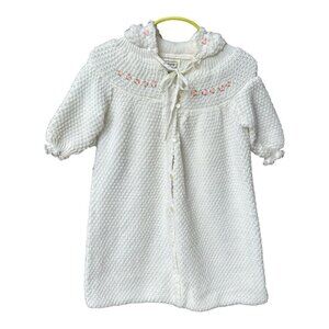 All Mine Baby Gown Sweater‎ Hooded Embroidery White Pink Flowers Size 12M VTG